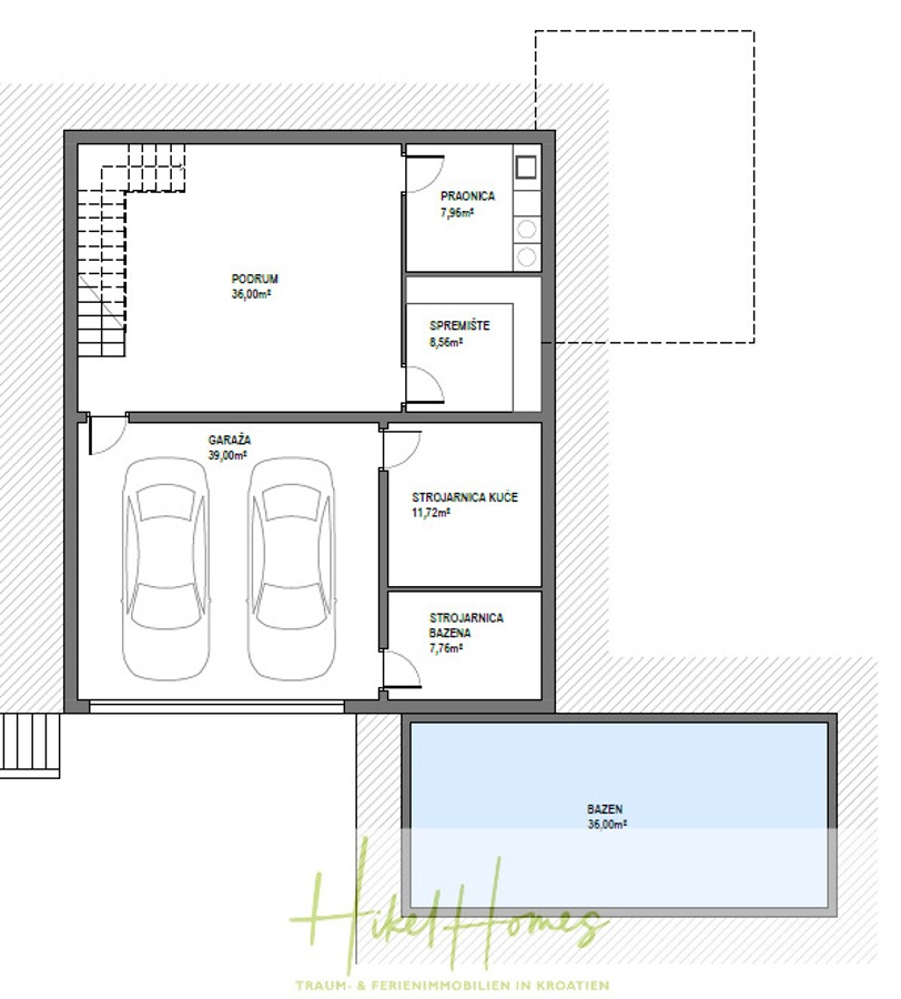 Meerblick – Schlüsselfertige Villa Princ in Seget Vranijca – modernste Technik – 3 SZ - Der Grundriss zeigt eine Garage für zwei Autos, einen Pool, Räume für die Pooltechnik, einen Abstellraum, eine Waschküche und einen Keller. Die Räume sind in kroatischer Sprache mit Maßen beschriftet; der Pool befindet sich rechts neben der Garage. (45495)