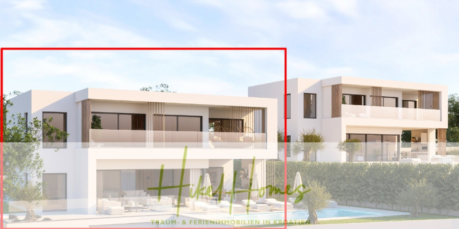 Meerblick – Schlüsselfertige Villa Princ in Seget Vranijca – modernste Technik – 3 SZ - Moderne weiße zweistöckige Villen mit großen Balkonen und bodentiefen Fenstern, umgeben von Grünflächen und einem Swimmingpool im Vordergrund. Das Bild enthält den Text "Haus Homes" am unteren Rand. (45482)