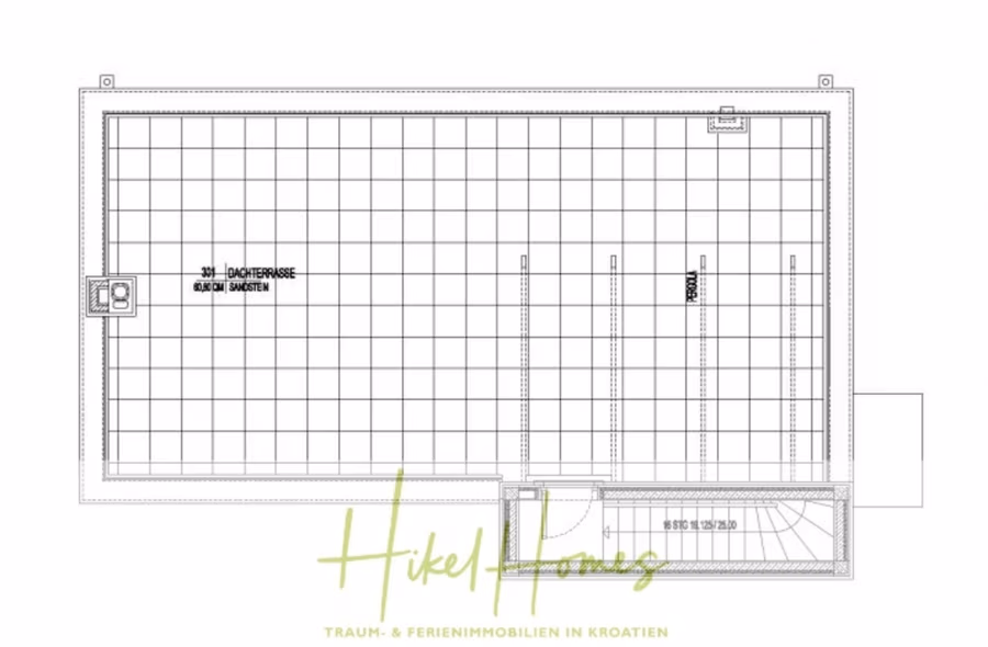 Villa im Mittelmeerstil mit 3 SZ, Pool, Dachterrasse mit Meerblick (1) - Bauplan einer Dachterrasse mit der Aufschrift „Dachterrasse“ mit Rasterlinien und Maßangaben. Ein kleiner Aufzug und eine Treppe sind rechts abgebildet. Der Text unten lautet: „Hikel Homes – Traum- & Ferienimmobilien in Kroatien.“. (40958)