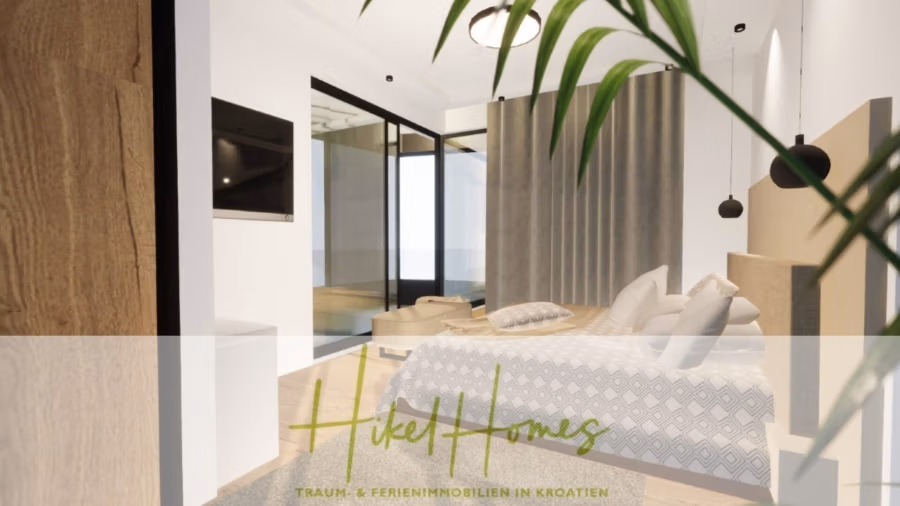 Einziehen im Sommer – Meerblick Neubau-Luxusvilla mit Einrichtung, Infinitypool & Raumkonzept - Modernes Schlafzimmer mit großem Bett, gemusterten Kissen und Holzboden. Eine Pflanze im Vordergrund, ein an der Wand montierter Fernseher, große Glastüren und Pendelleuchten sorgen für eine gemütliche Atmosphäre. Branding-Text unten. (43105)
