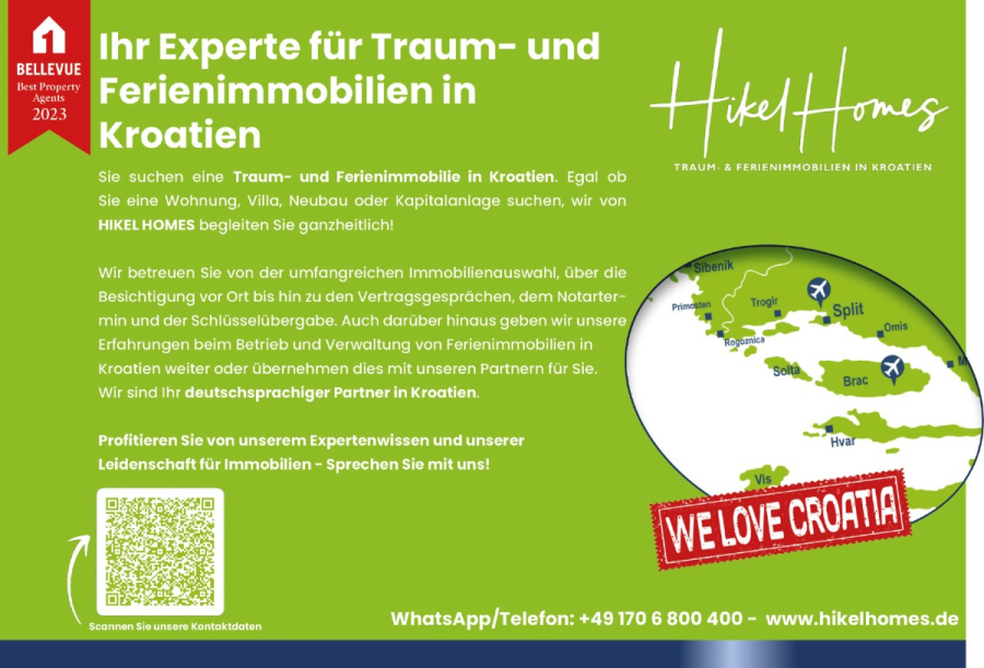 Einziehen im Sommer – Meerblick Neubau-Luxusvilla mit Einrichtung, Infinitypool & Raumkonzept - Ein grün-weißer Werbeflyer für Hikel Homes, das Fachwissen über Traum- und Ferienimmobilien in Kroatien anbietet. Enthält eine Karte von Kroatien, Kontaktinformationen und ein rotes Banner mit der Aufschrift "WIR LIEBEN KROATIEN" in der unteren rechten Ecke. (44676)