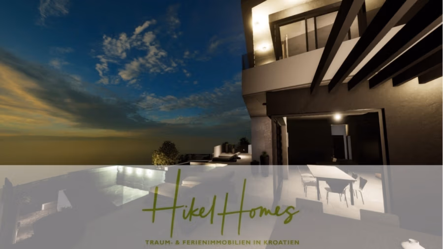 Einziehen im Sommer – Meerblick Neubau-Luxusvilla mit Einrichtung, Infinitypool & Raumkonzept - Ein modernes Haus mit Pool ist in der Abenddämmerung beleuchtet. Der Himmel zeigt eine dramatische Mischung aus Wolken und Sonnenuntergangsfarben. Die Textüberlagerung unten lautet: „Hikel Homes – Traum- & Ferienimmobilien in Kroatien.“. (43095)