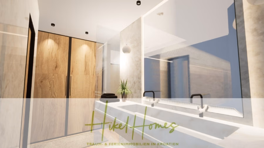 Einziehen im Sommer – Meerblick Neubau-Luxusvilla mit Einrichtung, Infinitypool & Raumkonzept - Ein modernes Badezimmer mit zwei Waschbecken, großen Spiegeln und Holzvertäfelung. Auf der Ablage steht eine Topfpflanze. Das Bild trägt den Text „Hike Homes“ und darunter „Traum- & Ferienimmobilien in Kroatien“. (43103)