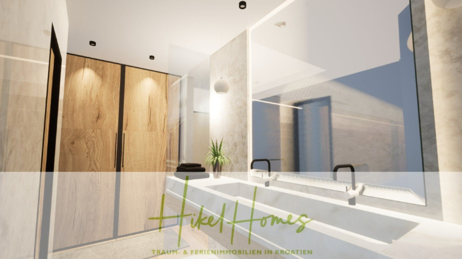 Einziehen im Sommer – Meerblick Neubau-Luxusvilla mit Einrichtung, Infinitypool & Raumkonzept - Modernes Badezimmer mit großen Spiegeln, zwei Waschbecken, Holzschränken und einer Glasdusche. Der Raum ist hell und minimalistisch. Der Text darüber lautet "Hikel Homes Traum- & Ferienimmobilien in Kroatien". (44667)