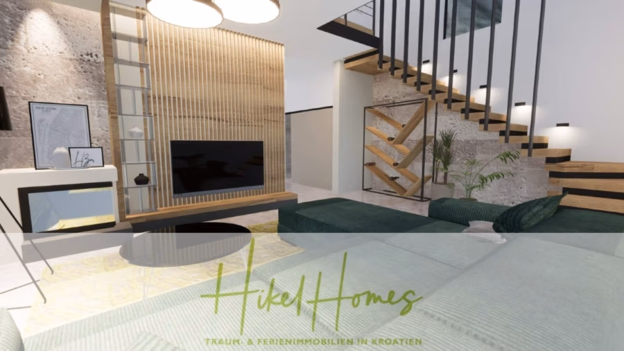 Einziehen im Sommer – Meerblick Neubau-Luxusvilla mit Einrichtung, Infinitypool & Raumkonzept - Modernes Wohnzimmer mit grünem Sofa, Wandfernseher und Holztrennwand. Rechts führt eine Treppe mit schwarzem Geländer nach oben. Stilvolle Einrichtung mit Pflanzen und gerahmten Bildern. Unten steht „Hikel Homes – Traum- & Ferienimmobilien in Kroatien“. (43088)