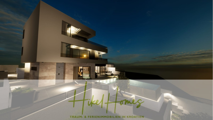 Einziehen im Sommer – Meerblick Neubau-Luxusvilla mit Einrichtung, Infinitypool & Raumkonzept - Ein modernes mehrstöckiges Haus mit großen Fenstern wird in der Abenddämmerung beleuchtet und verfügt über eine Außenbeleuchtung und einen Pool. Im Vordergrund steht der Text "Hikel Homes Traum- & Ferienimmobilien in Kroatien.". (44648)