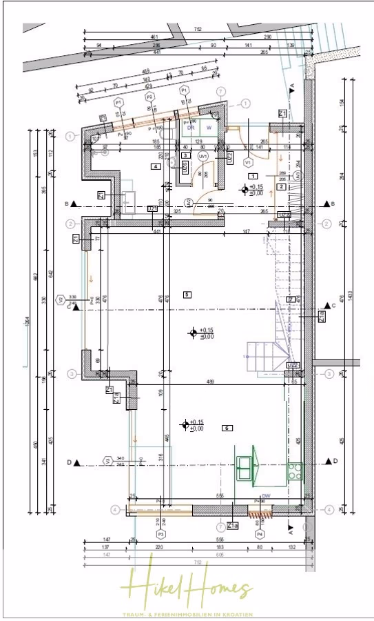 Einziehen im Sommer – Meerblick Neubau-Luxusvilla mit Einrichtung, Infinitypool & Raumkonzept - Architektonische Grundrissdarstellung mit beschrifteten Abmessungen und Strukturelementen, einschließlich Wänden, Treppen, Türen und Fenstern. Verschiedene Anmerkungen und Maße sind durchgehend angegeben. (43109)