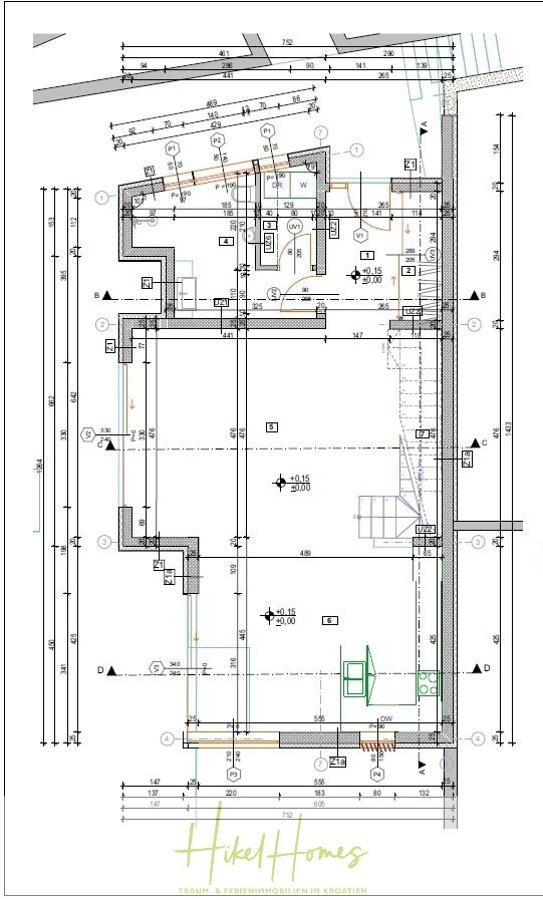 Einziehen im Sommer – Meerblick Neubau-Luxusvilla mit Einrichtung, Infinitypool & Raumkonzept - Architektonischer Grundriss mit detaillierten Maßen, Wänden, Türen, Treppen und Fenstern. Verschiedene Abschnitte sind mit Symbolen und Zahlen gekennzeichnet. Das Logo "Hikel Homes" und Kontaktinformationen befinden sich unten in der Mitte des Bildes. (44673)