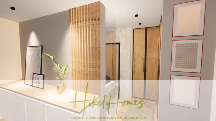 Einziehen im Sommer – Meerblick Neubau-Luxusvilla mit Einrichtung, Infinitypool & Raumkonzept - Modernes Innendesign mit Holztrennwand, Topfpflanze, Bilderrahmen und minimalistischem Dekor. Helles Holz und neutrale Töne dominieren den Raum. Das „Hikel Homes“-Logo mit deutschem Text überlagert den unteren Teil. (43092)