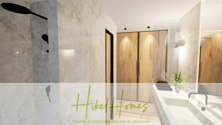 Einziehen im Sommer – Meerblick Neubau-Luxusvilla mit Einrichtung, Infinitypool & Raumkonzept - Modernes Badezimmer mit Marmorwänden, einem schwarzen Duschkopf, einem großen Spiegel, Holzschränken, einem weißen Waschbecken und einer Topfpflanze auf dem Tresen. Der Logo-Text "Hike Homes" erscheint am unteren Rand des Bildes. (44668)