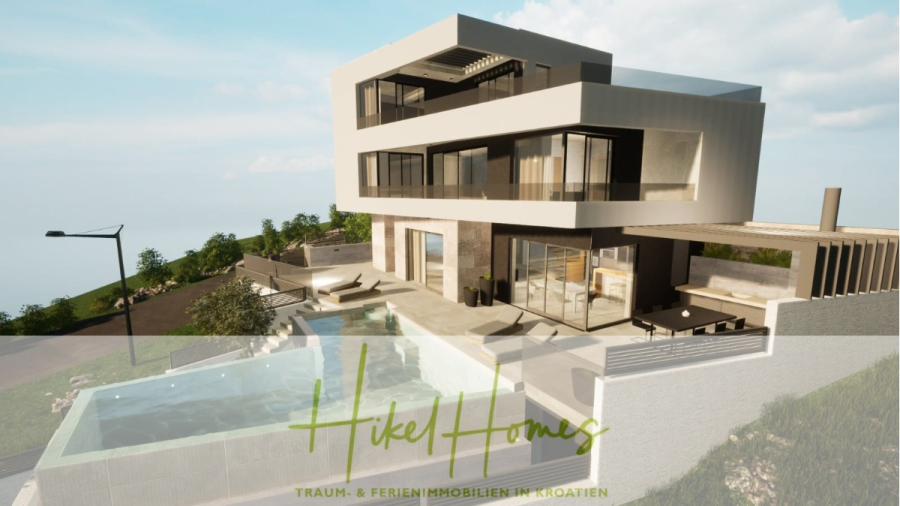 Einziehen im Sommer – Meerblick Neubau-Luxusvilla mit Einrichtung, Infinitypool & Raumkonzept - Eine moderne, mehrstöckige Villa mit großen Glasfenstern, einem Außenpool und Sitzgelegenheiten auf der Terrasse, die auf einem Hügel mit Meerblick liegt. Der Text "Hikel Homes Traum- & Ferien Immobilien in Kroatien" überlagert das Bild. (44640)