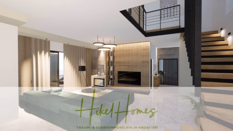 Einziehen im Sommer – Meerblick Neubau-Luxusvilla mit Einrichtung, Infinitypool & Raumkonzept - Ein modernes Wohnzimmer mit grünem Sofa, Flachbildfernseher und minimalistischem Kamin. Eine Treppe führt ins Obergeschoss. Der Raum ist in neutralen Tönen gehalten und hat große Fenster. Textüberlagerung: „Hikel Homes – Traum- & Ferienimmobilien in Kroatien.“. (43082)