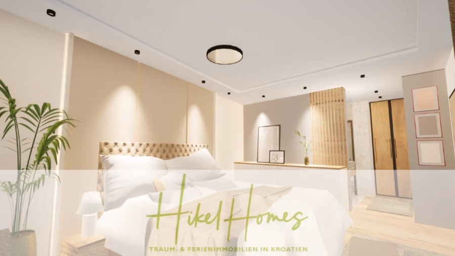 Einziehen im Sommer – Meerblick Neubau-Luxusvilla mit Einrichtung, Infinitypool & Raumkonzept - Ein modernes Schlafzimmer mit großem Bett und gepolstertem Kopfteil. Das Zimmer ist in neutralen Farbtönen gehalten und verfügt über Einbauleuchten und eine Topfpflanze. Unten befindet sich ein Textüberzug mit dem Titel „Hikel Homes“ und zusätzlichem Text zu Immobilien in Kroatien. (43102)