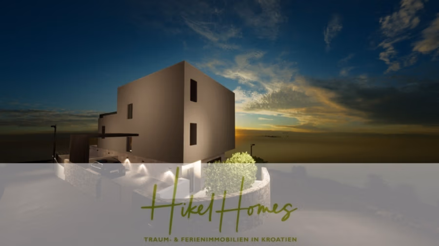Einziehen im Sommer – Meerblick Neubau-Luxusvilla mit Einrichtung, Infinitypool & Raumkonzept - Modernes, minimalistisches Haus mit Flachdach, gelegen an einem Hang mit malerischem Sonnenuntergang im Hintergrund. Der Himmel ist in Blau- und Orangetönen gehalten. Im Vordergrund ist eine Steinmauer zu sehen, auf der „Hikel Homes – Traum- & Ferienimmobilien in Kroatien“ steht. (43107)