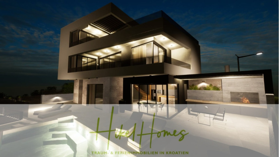 Einziehen im Sommer – Meerblick Neubau-Luxusvilla mit Einrichtung, Infinitypool & Raumkonzept - Moderne, gut beleuchtete Villa mit großen Fenstern und einem Pool in der Nacht. Im Außenbereich gibt es Liegestühle und einen überdachten Sitzbereich. Text überlagert: "Huz Homes - Traum- & Ferienimmobilien in Kroatien. (44646)