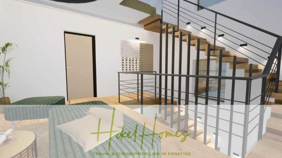 Einziehen im Sommer – Meerblick Neubau-Luxusvilla mit Einrichtung, Infinitypool & Raumkonzept - Moderne Wohnzimmereinrichtung mit Holztreppe und schwarzem Metallgeländer, grünem Sofa, Pflanzen und Wandkunst. Das Logo am unteren Rand lautet "Hikel Homes - Traum- & Ferienimmobilien in Kroatien". (44664)