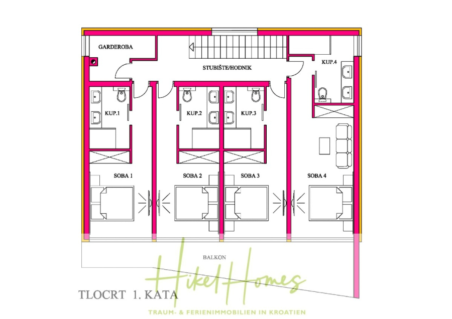 Bezugsfertige Luxus-Meerblick Villa mit 4 SZ, Pool, Sauna, Fitness, Jacuzzi, vollständig möbliert - Grundriss des Obergeschosses eines Gebäudes mit vier Schlafzimmern (Soba 1-4), drei Bädern (Kup 1-3), zwei Balkonen, einem zentralen Wohnbereich und einer Garderobe. Raum- und Wandaufteilung sind deutlich markiert. (45659)