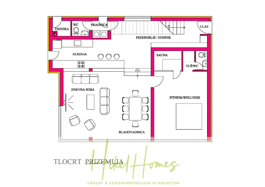 Bezugsfertige Luxus-Meerblick Villa mit 4 SZ, Pool, Sauna, Fitness, Jacuzzi, vollständig möbliert - Grundriss eines Hauses mit Küche, Wohnzimmer, Essbereich, Fitness-/Wellnessraum mit Sauna und Dusche, Waschküche, WC, Speisekammer, Abstellraum und Haupteingang. Die Beschriftungen sind in kroatischer Sprache. (45658)