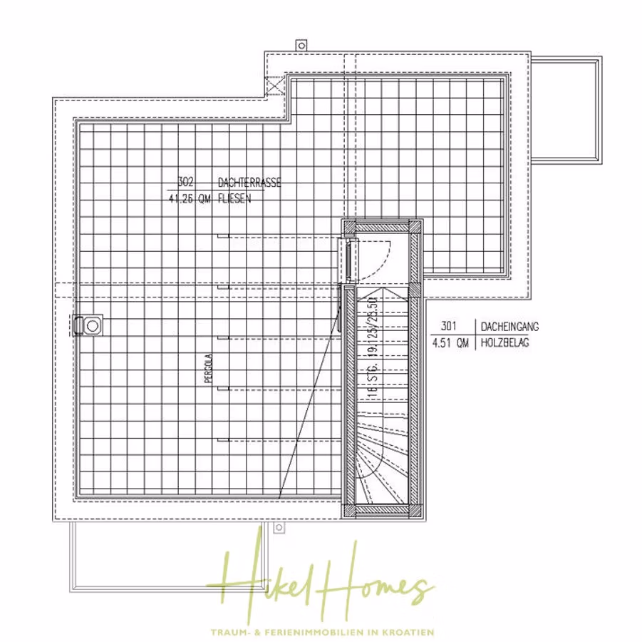 Villa im Mittelmeerstil mit 3 SZ, Pool, Dachterrasse mit Meerblick – möbiliert (15) - Architektonischer Grundriss mit Dachterrasse, Treppe und beschrifteten Abschnitten. Der Entwurf enthält die Maße für Bodenbelag und Struktur. Der untere Text lautet „Hikel Homes Traum- & Ferienimmobilien in Kroatien“. (42346)
