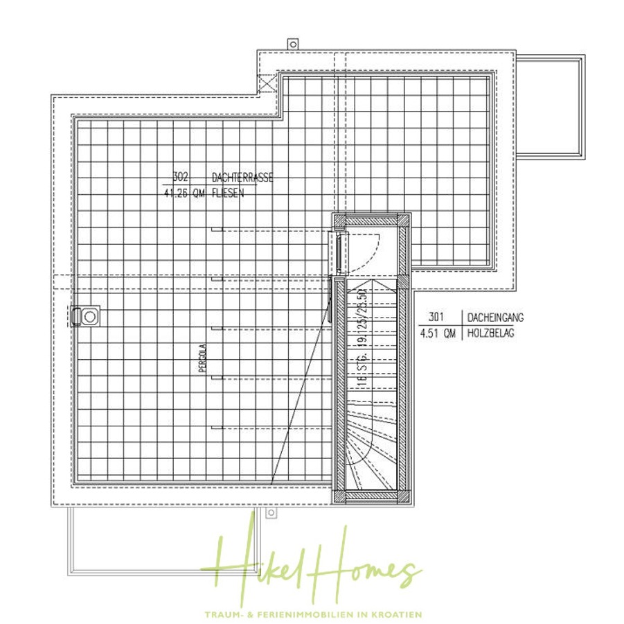 Villa im Mittelmeerstil mit 3 SZ, Pool, Dachterrasse mit Meerblick – möbiliert (15) - Architektonischer Grundriss, der eine Dachterrasse mit beschrifteten Maßen, ein Treppenhaus und einen Flur zeigt. Gitternetzlinien bedecken den Terrassenbereich, und am unteren Rand steht "Hakel Homes". (45708)