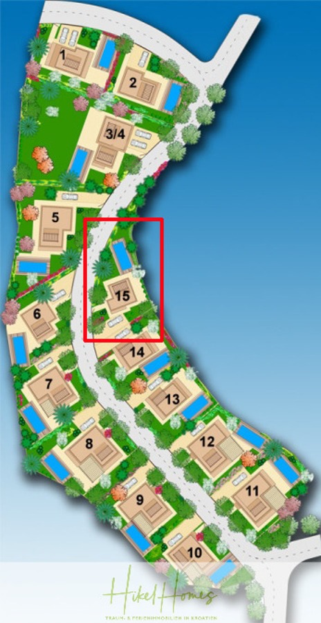 Villa im Mittelmeerstil mit 3 SZ, Pool, Dachterrasse mit Meerblick – möbiliert (15) - Illustrierte Karte eines Wohngebiets mit nummerierten Grundstücken, Grünflächen und Bäumen. Die Parzelle 15 ist durch einen roten rechteckigen Kasten hervorgehoben und liegt zwischen den Parzellen 14 und 16 entlang einer gewundenen Straße. (45704)