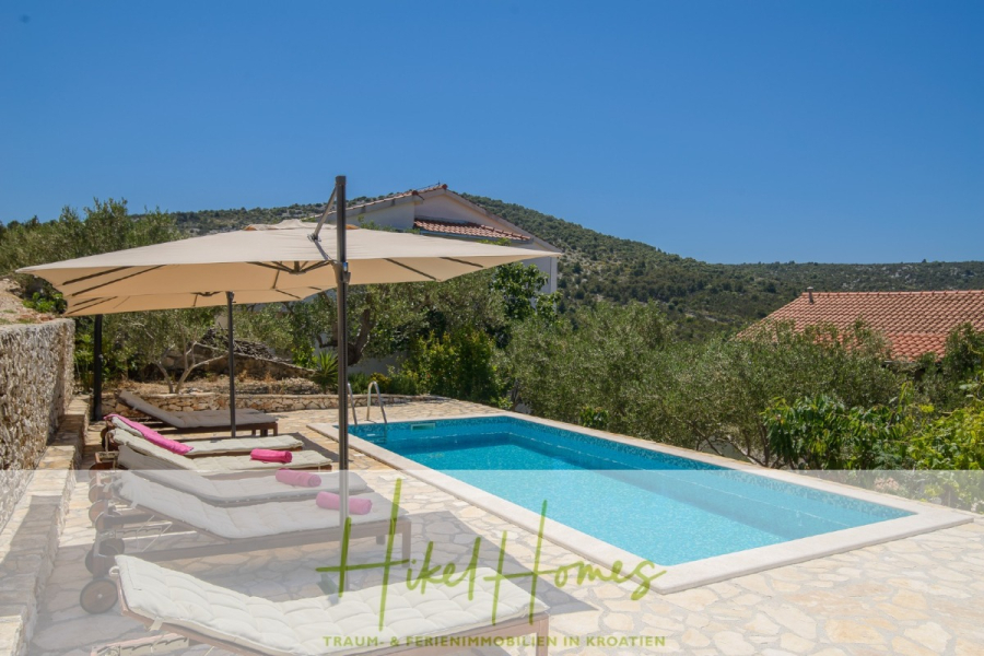 Meerblick Appartementhaus mit 3 Wohnungen, Karten, Terrassen - Eine Steinterrasse mit Liegestühlen und einem großen Sonnenschirm umgibt einen rechteckigen Swimmingpool. Im Hintergrund sind Olivenbäume und Hügel unter einem klaren blauen Himmel zu sehen. Der überlagerte Text lautet "Heike Homes, Traum-Ferienimmobilien in Kroatien.". (45311)