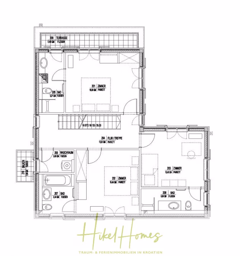 Villa im Mittelmeerstil mit 3 SZ, Pool, Dachterrasse mit Meerblick – möbiliert (9) - Grundriss einer Residenz mit drei Zimmern, zwei Bädern, Küche, Essbereich und Terrasse. Beschriftungen und Maßangaben in deutscher Sprache kennzeichnen die verschiedenen Bereiche. Der Schriftzug unten lautet „Hikel Homes – Traum- & Ferienimmobilien in Kroatien“. (42323)