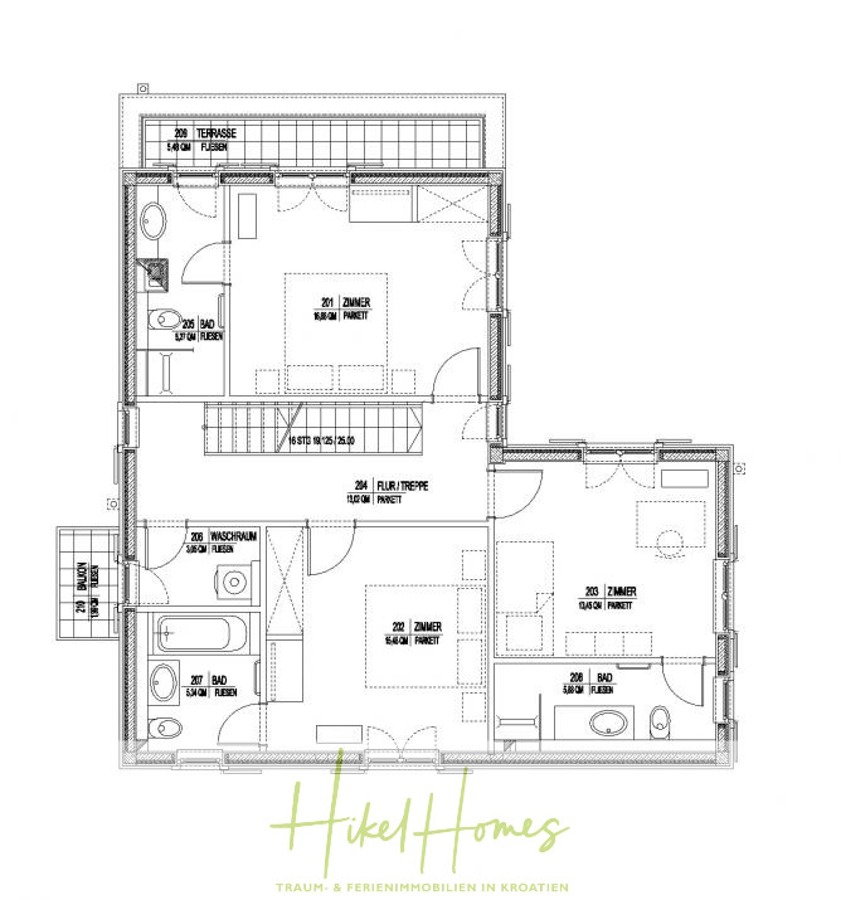 Villa im Mittelmeerstil mit 3 SZ, Pool, Dachterrasse mit Meerblick – möbiliert (9) - Schwarz-weißer Grundriss eines Hauses mit drei Schlafzimmern, zwei Bädern, einem Wohn-/Essbereich, einer Küche, einer Terrasse und beschrifteten Räumen. Das Logo und der Slogan von Hikel Homes befinden sich am unteren Rand des Bildes. (45730)