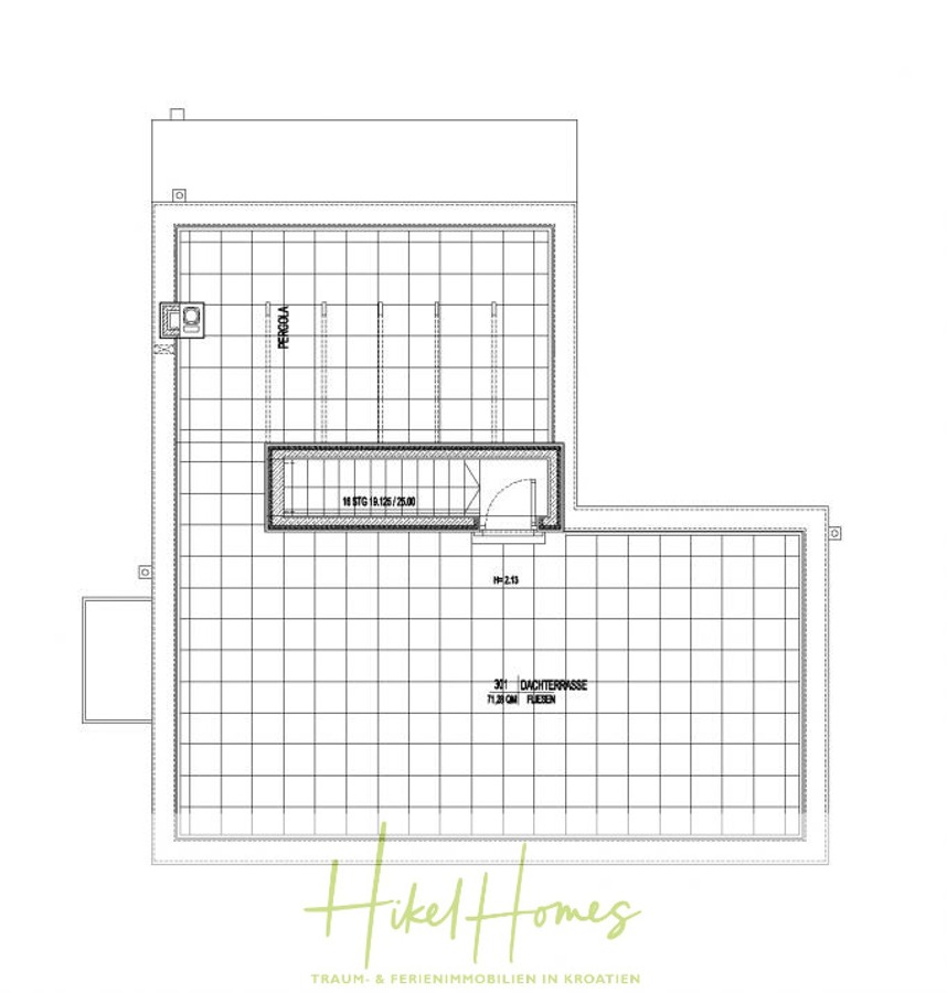 Villa im Mittelmeerstil mit 3 SZ, Pool, Dachterrasse mit Meerblick – möbiliert (9) - Architektonische Grundrisszeichnung einer Dachterrasse mit der Bezeichnung "Dachterrasse", mit einer Treppe in der Mitte und Gitterlinien, von Hikel Homes. Der Text am unteren Rand lautet "TRAUM- & FERIENIMMOBILIEN IN KROATIEN". (45731)