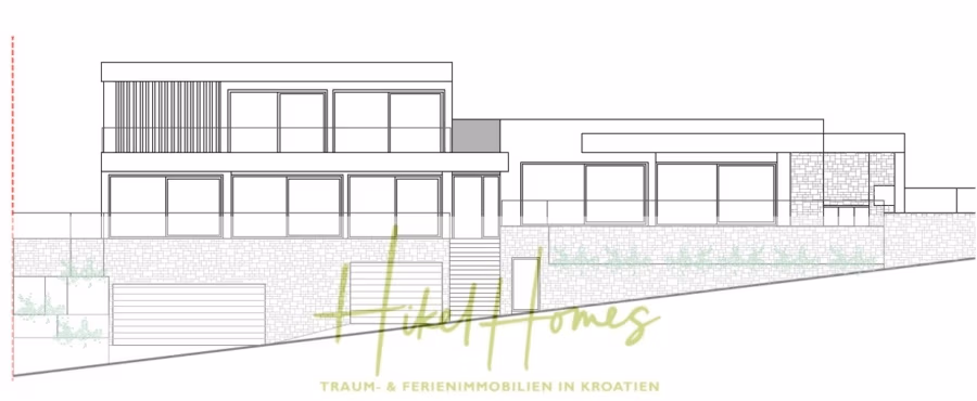 Majestätische Villa Kraljica mit Gästehaus: 610m² Luxuswohnfläche mit atemberaubendem Meerblick - Strichzeichnung eines modernen Hauses mit großen Fenstern und mehreren Ebenen an einem leichten Hang. Im unteren Stockwerk befindet sich eine Garage. Unten steht in Grün „Hidl Homes“ und ein Slogan über Traum- und Ferienimmobilien in Kroatien. (41286)