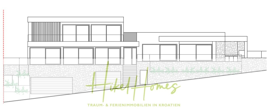 Majestätische Villa Kraljica mit Gästehaus: 610m² Luxuswohnfläche mit atemberaubendem Meerblick - Architektonische Strichzeichnung eines modernen, zweistöckigen Hauses auf einem abschüssigen Grundstück mit großen Fenstern und Terrassen. Am unteren Rand sind die Worte "Hide Homes" und "TRAUM- & FERIENIMMOBILIEN IN KROATIEN" eingezeichnet. (45467)