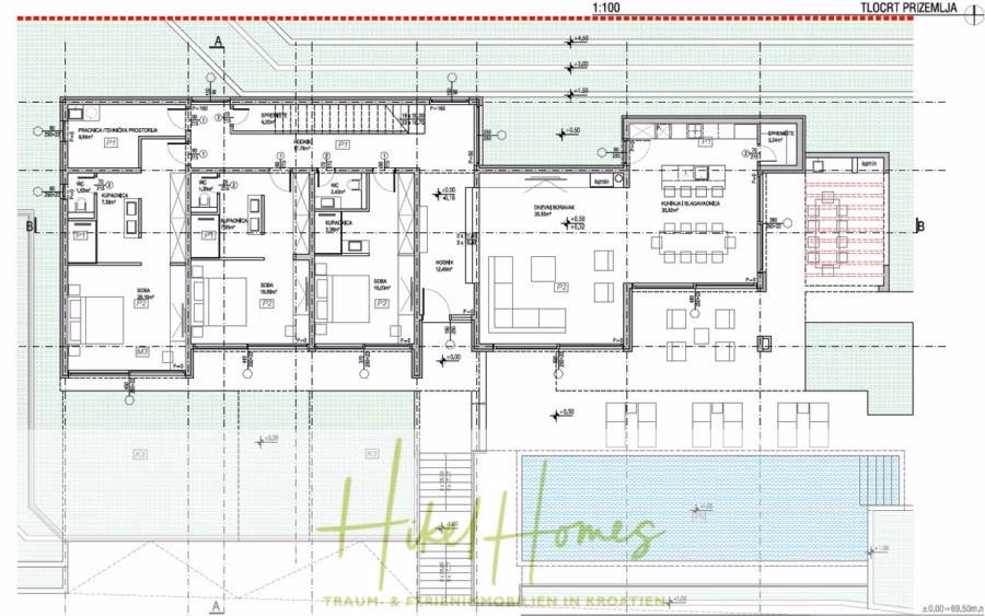 Majestätische Villa Kraljica mit Gästehaus: 610m² Luxuswohnfläche mit atemberaubendem Meerblick - Architektonischer Grundriss eines Hauses mit mehreren Räumen, darunter Küche, Wohnbereich und Schlafzimmer. Der Entwurf umfasst Außenbereiche mit Pool. Grüne und blaue Akzente heben verschiedene Bereiche hervor. (41282)