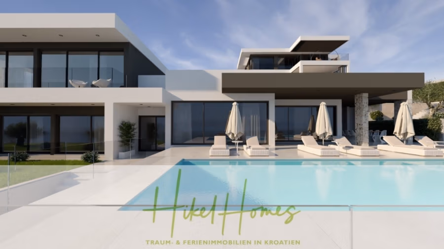 Majestätische Villa Kraljica mit Gästehaus: 610m² Luxuswohnfläche mit atemberaubendem Meerblick - Moderne Luxusvilla mit elegantem Design, großen Fenstern, Sonnenliegen und Sonnenschirmen rund um den Pool. Unten ist der Text „Hikel Homes: Traum- & Ferienimmobilien in Kroatien“ zu sehen. (41274)