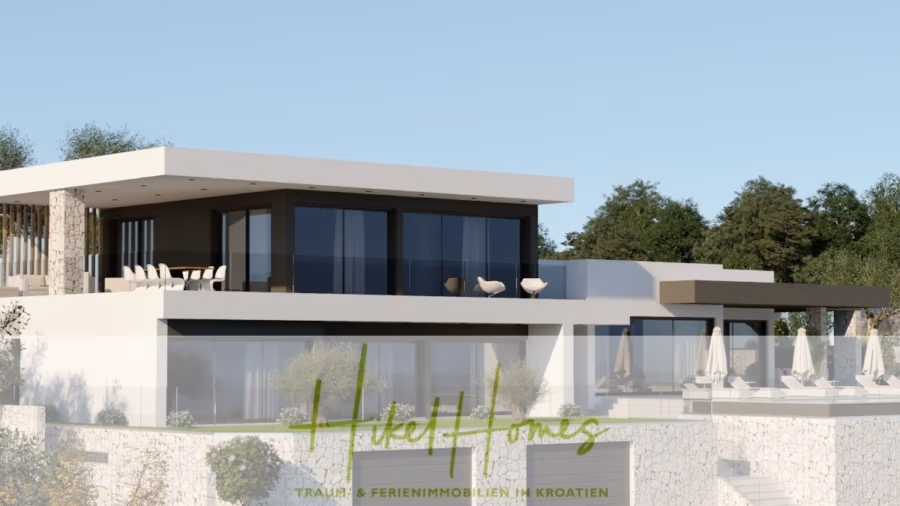 Majestätische Villa Kraljica mit Gästehaus: 610m² Luxuswohnfläche mit atemberaubendem Meerblick - Moderne, zweistöckige Villa mit großen Glasfenstern und großzügiger Terrasse. Im Obergeschoss befindet sich ein Balkon mit Sitzgelegenheiten. Das Haus ist von Bäumen und klarem Himmel umgeben. Am unteren Bildrand befindet sich ein Logo mit dem Text „Kroatien“. (41273)