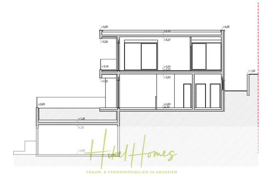 Majestätische Villa Kraljica mit Gästehaus: 610m² Luxuswohnfläche mit atemberaubendem Meerblick - Architektonische Querschnittszeichnung eines modernen, mehrstöckigen Hauses mit verschiedenen Räumen und Ansichten. Die Zeichnung enthält Maße und Details, mit dem Schriftzug "Hide Homes" und dem Slogan in Grün am unteren Rand. (45468)