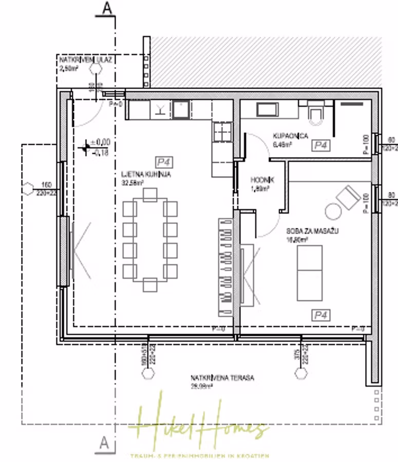 Majestätische Villa Kraljica mit Gästehaus: 610m² Luxuswohnfläche mit atemberaubendem Meerblick - Architektonischer Grundriss eines modernen Hauses, beschriftet auf Slowenisch. Beinhaltet eine Küche mit langem Esstisch (Letna kuhinja), ein Badezimmer (Kopalnica) und einen Ruheraum mit Sauna (Soba za masažo). Die Außenterrasse ist ebenfalls sichtbar. (41285)
