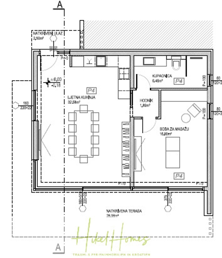 Majestätische Villa Kraljica mit Gästehaus: 610m² Luxuswohnfläche mit atemberaubendem Meerblick - Schwarz-weißer Grundriss mit Sommerküche, Essbereich, Badezimmer, Massageraum, Flur und Außenterrasse, mit beschrifteten Maßen und einem Eingang unten links. (45466)