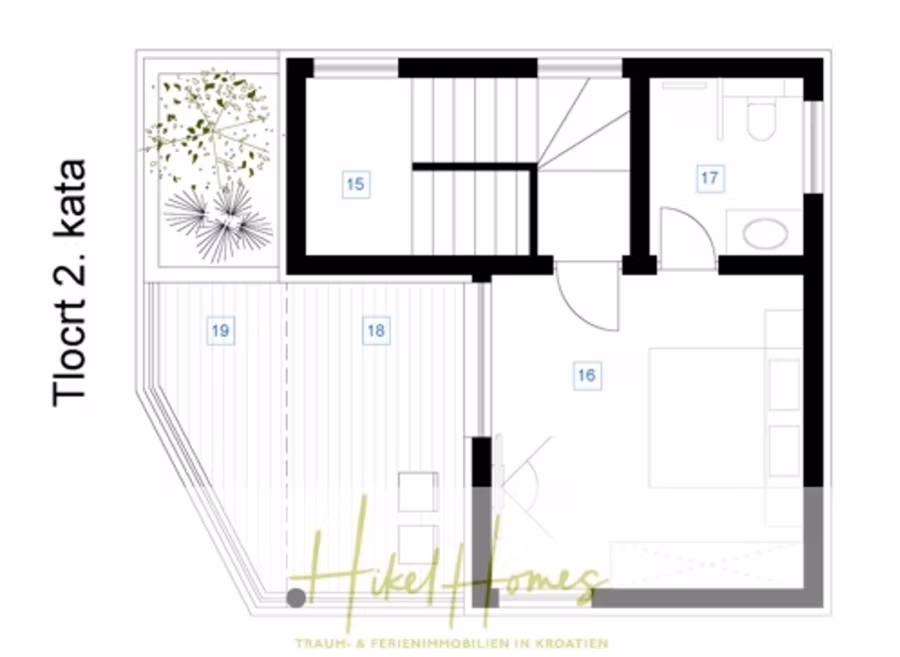 Neubau Meerblick 270m vom Meer entfernt – 3 SZ mit Bädern, Pool, Fertigstellung 2025 - Grundriss des zweiten Stocks mit nummerierten Zimmern, einer Treppe, einem Badezimmer und einer bepflanzten Terrasse. Unten steht „Hike Homes“. (42715)