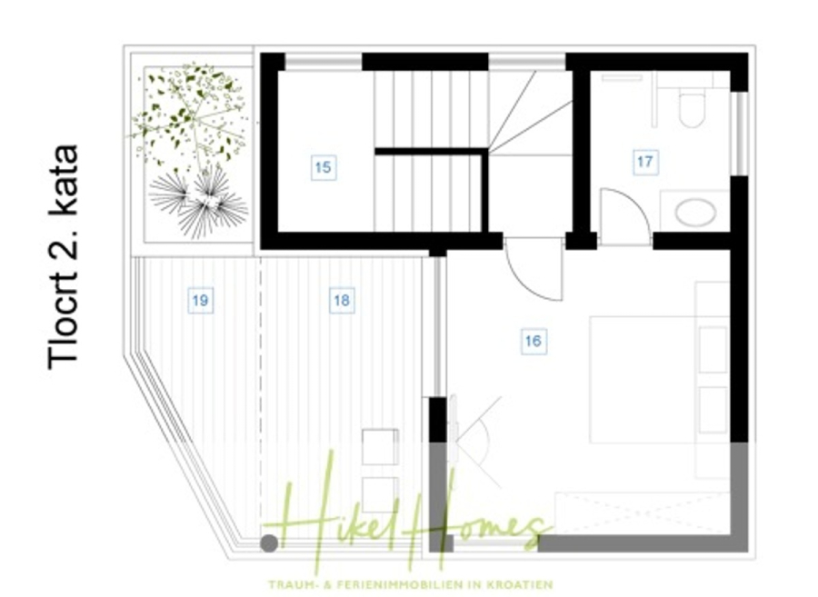 Neubau Meerblick 270m vom Meer entfernt – 3 SZ mit Bädern, Pool, Fertigstellung 2025 - Grundriss der zweiten Etage mit Schlafzimmer, Bad, Treppenhaus und Terrasse mit Pflanzen. Der Grundriss umfasst beschriftete Räume und einen großen Außenbereich im Innenhof. Der Text lautet "Tlocrt 2. kata" und "Hike Homes". (44707)