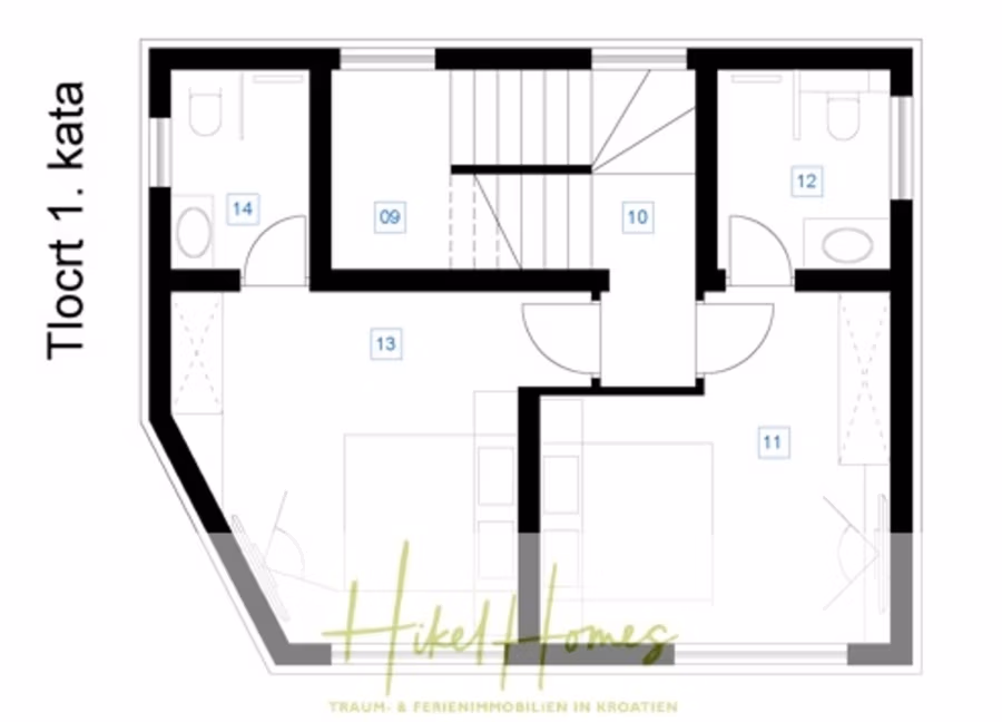 Neubau Meerblick 270m vom Meer entfernt – 3 SZ mit Bädern, Pool, Fertigstellung 2025 - Der Grundriss mit der Bezeichnung „Tlocrt 1. kata“ zeigt zwei Schlafzimmer, ein Badezimmer und ein Treppenhaus. Zimmernummern und -größen sind angegeben. Der Markenname „Hikel Homes“ am unteren Rand trägt den Slogan „Traum- und Ferienimmobilien in Kroatien“. (42714)