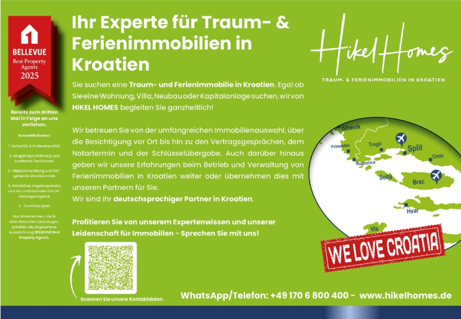 Neubau Meerblick 270m vom Meer entfernt – 3 SZ mit Bädern, Pool, Fertigstellung 2025 - Ein grüner Werbeflyer für Hikel Homes, der fachkundige Dienstleistungen für den Kauf von Ferien- und Anlageimmobilien in Kroatien bewirbt. Enthält eine Karte, Logos, einen "We Love Croatia"-Aufkleber und Kontaktdaten am unteren Rand. (44708)