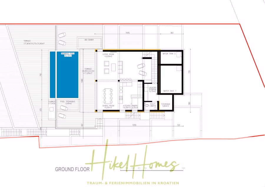 Luxus Villa Zlato – sehr ruhige Wohngegend – eigener Meerzugang, Boje, Pool, Lift und 391m² WFL - Grundriss eines Hauses mit der Aufschrift „Erdgeschoss“. Zur Ausstattung gehören Küche, Wohnzimmer, Terrasse mit Pool, Badezimmer sowie Technik- und Abstellräume. Der Markentext lautet „Hikel Homes“ mit einem deutschen Untertitel über Ferienimmobilien in Kroatien. (41820)