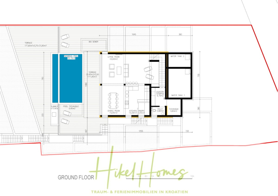 Luxus Villa Zlato – sehr ruhige Wohngegend – eigener Meerzugang, Boje, Pool, Lift und 391m² WFL - Architektonischer Grundriss, der einen Grundriss für das Erdgeschoss mit Pool, Terrasse, offener Küche und Wohnbereich, Essbereich, Badezimmer, Abstellraum, Hauswirtschaftsraum und beschrifteten Abmessungen zeigt. Das Logo und der Slogan von "Hikel Homes" erscheinen am unteren Rand. (45104)