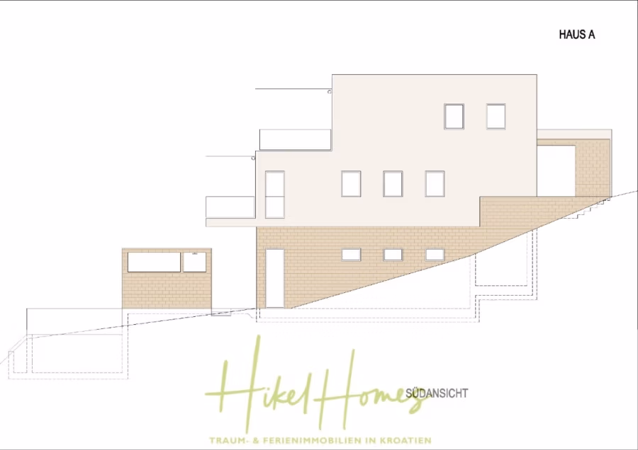 Luxus Villa Zlato – sehr ruhige Wohngegend – eigener Meerzugang, Boje, Pool, Lift und 391m² WFL - Bauplan eines mehrstöckigen Hauses mit der Bezeichnung „Haus A“ und geneigtem Gelände. Das Gebäude verfügt über rechteckige Fenster und eine Mischung aus durchgezogenen und gestrichelten Linien, die Wände und Grenzen markieren. Am unteren Rand ist „Hikel Homes“ vermerkt. (41824)