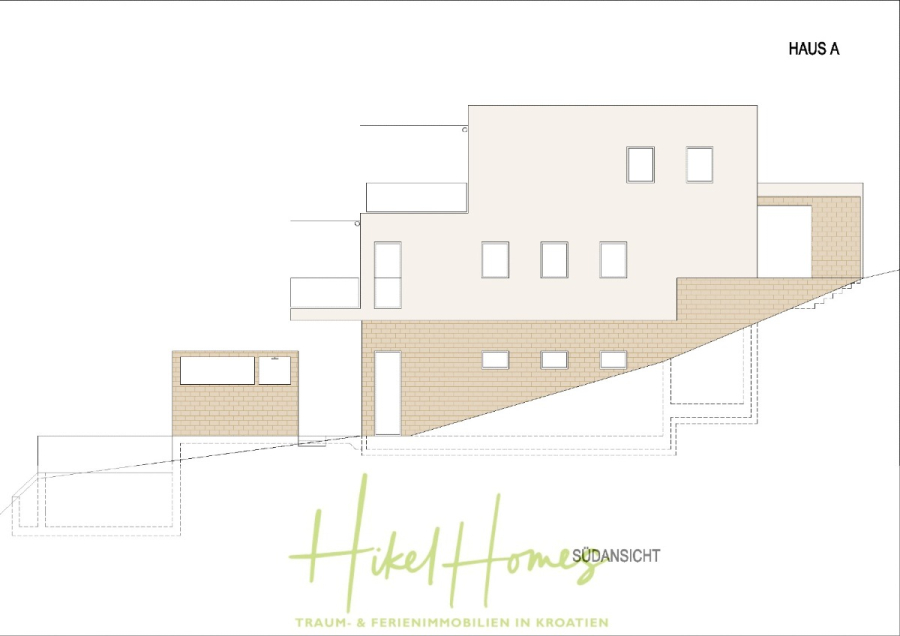 Luxus Villa Zlato – sehr ruhige Wohngegend – eigener Meerzugang, Boje, Pool, Lift und 391m² WFL - Architektonische Ansichtszeichnung mit der Bezeichnung "Haus A", die ein mehrstöckiges Haus auf einem abschüssigen Gelände mit beigen und hellbraunen Abschnitten, Fenstern und Terrassen zeigt. Das Logo und der Slogan von "Hikel Homes" befinden sich am unteren Rand. (45109)