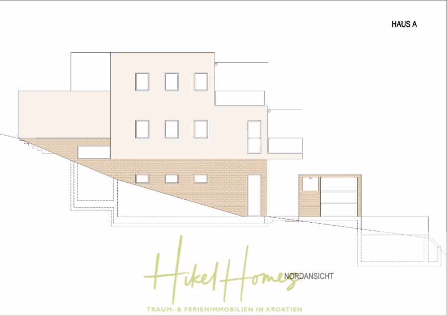 Luxus Villa Zlato – sehr ruhige Wohngegend – eigener Meerzugang, Boje, Pool, Lift und 391m² WFL - Architekturzeichnung eines mehrstöckigen Hauses mit der Bezeichnung „Haus A“. Der Entwurf zeigt verschiedene rechteckige Abschnitte in Beige- und Cremetönen. Unten steht der Text „Hikel Homes“ und „Traum- & Ferienimmobilien in Kroatien“ in Grün. (41823)
