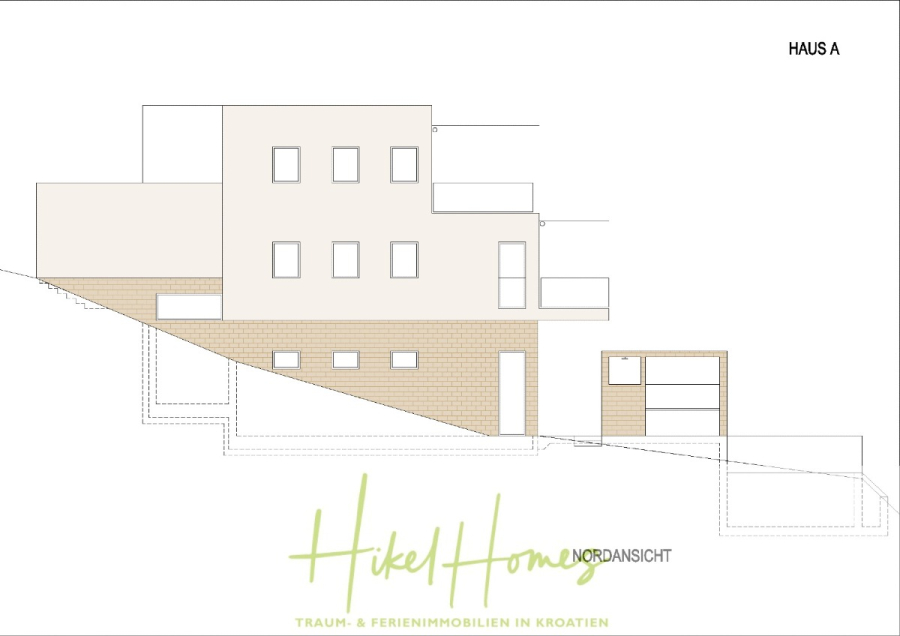 Luxus Villa Zlato – sehr ruhige Wohngegend – eigener Meerzugang, Boje, Pool, Lift und 391m² WFL - Architektonische Ansichtszeichnung eines modernen, mehrstöckigen Hauses mit der Bezeichnung "Haus A" auf einem Hanggrundstück, mit rechteckigen Fenstern, einem Flachdach und einer Garage. Das Logo am unteren Rand lautet "Hikel Homes Traum- & Ferienimmobilien in Kroatien". (45108)