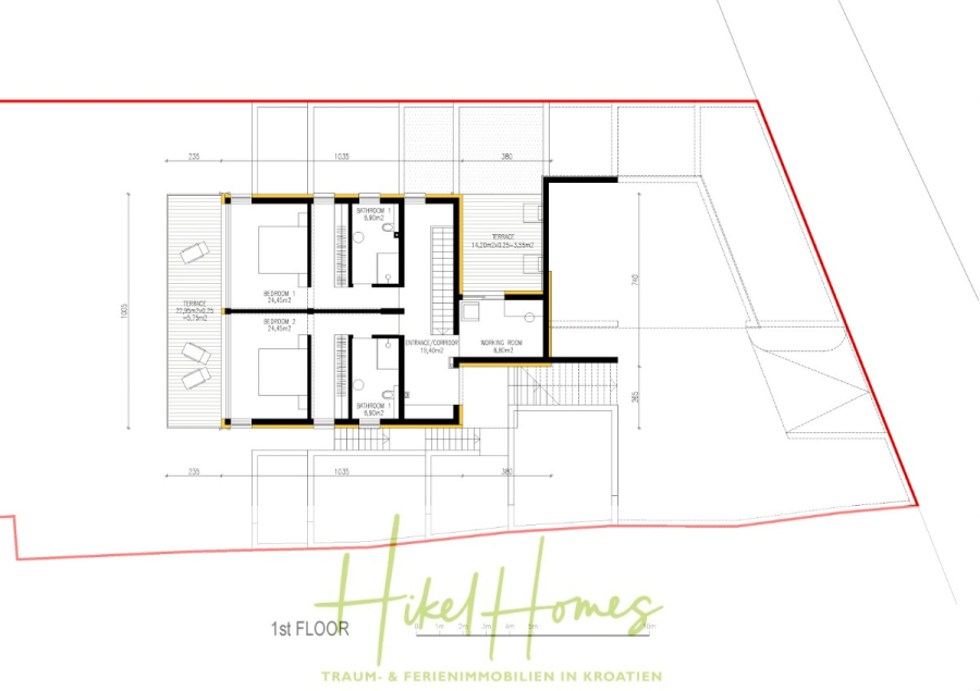 Luxus Villa Zlato – sehr ruhige Wohngegend – eigener Meerzugang, Boje, Pool, Lift und 391m² WFL - Grundriss des ersten Stocks eines Hauses mit zwei Schlafzimmern, einem Badezimmer, einer Küche, einem Esszimmer und einer Terrasse. Die Sitzbereiche im Freien sind markiert. Der Titel "Hikel Homes" erscheint mit deutschem Text am unteren Rand. (45105)