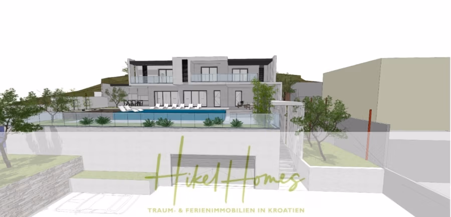 1515m² Bauland mit fertigen Bauprojekt in Panoramahanglage mit traumhaften Rundumblick aufs Meer - Architekturdarstellung einer modernen Luxusvilla mit Pool. Das zweistöckige Gebäude besticht durch große Fenster und Terrassen, umgeben von Grünflächen. Im Vordergrund sind der „Hikel Homes“-Branding und ein deutscher Text über traumhafte Ferienimmobilien in Kroatien zu sehen. (41987)