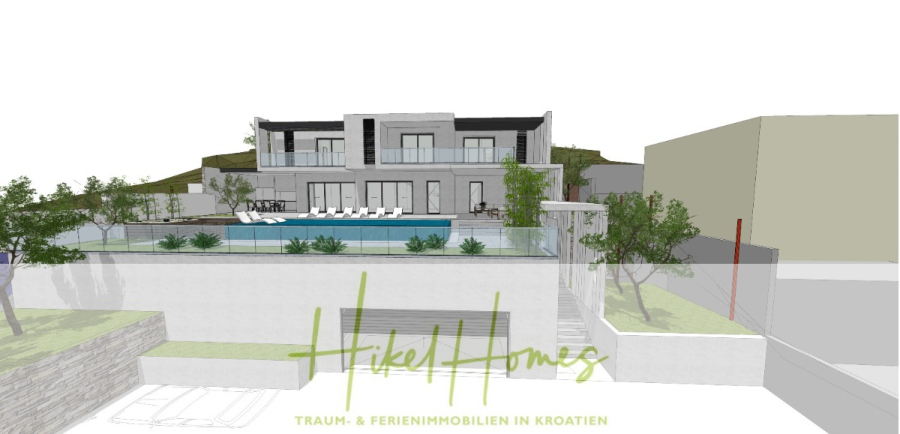 1515m² Bauland mit fertigen Bauprojekt in Panoramahanglage mit traumhaften Rundumblick aufs Meer - Architektonisches Rendering eines modernen zweistöckigen Hauses mit einem großen Swimmingpool, Liegestühlen und Grünflächen in der Umgebung. Der Text "Hikel Homes Traum- & Ferienimmobilien in Kroatien" wird am unteren Rand angezeigt. (46748)